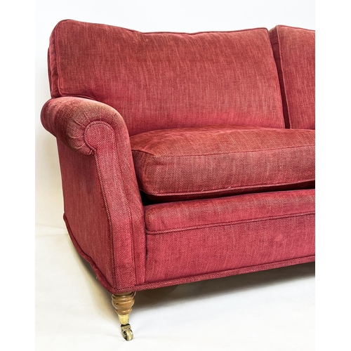 233 - SOFA, George Smith style upholstered in raspberry chenille, raised on turned front supports and bras... 