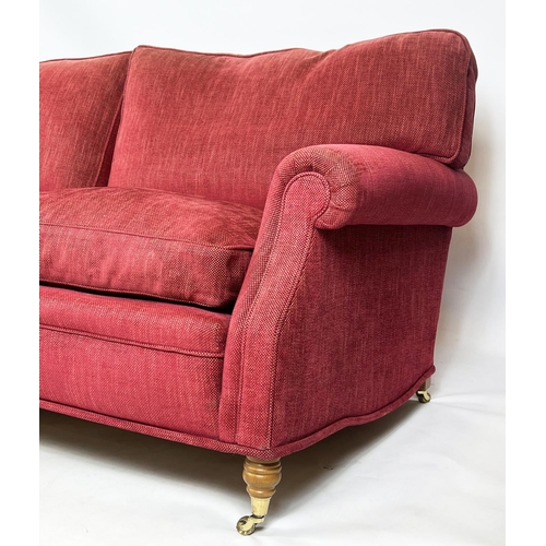 233 - SOFA, George Smith style upholstered in raspberry chenille, raised on turned front supports and bras... 