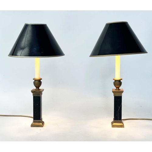 243 - TABLE LAMPS BY BESSELINK AND JONES, a pair, marble and gilt metal mounted of square section column-f... 