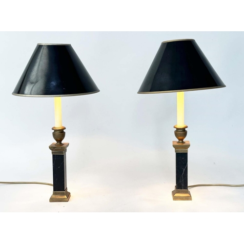 243 - TABLE LAMPS BY BESSELINK AND JONES, a pair, marble and gilt metal mounted of square section column-f... 