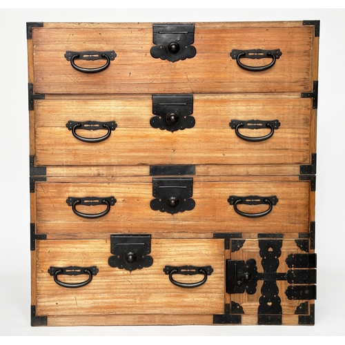 285 - TANSU CHEST, early 20th century kiri wood, two section metal bound with four long drawers and compar... 