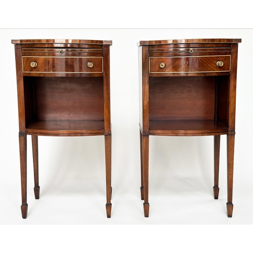 378 - BOWFRONT LAMP TABLES, a pair, George III design figured mahogany and boxwood lined each with slide, ... 