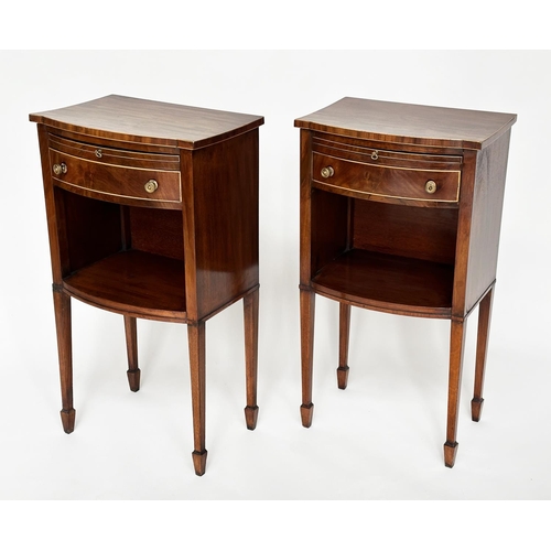 378 - BOWFRONT LAMP TABLES, a pair, George III design figured mahogany and boxwood lined each with slide, ... 