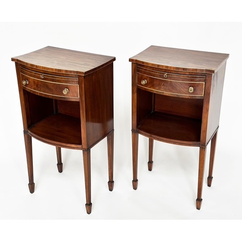 378 - BOWFRONT LAMP TABLES, a pair, George III design figured mahogany and boxwood lined each with slide, ... 