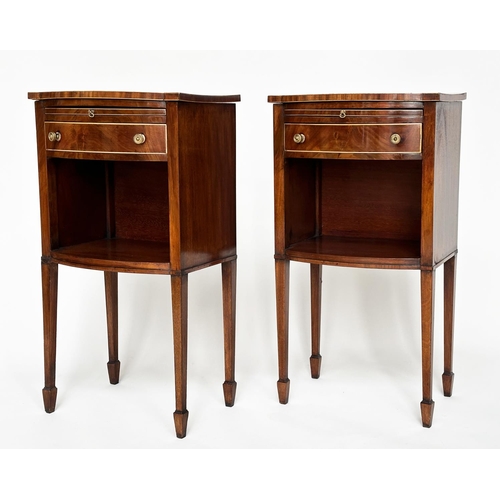 378 - BOWFRONT LAMP TABLES, a pair, George III design figured mahogany and boxwood lined each with slide, ... 