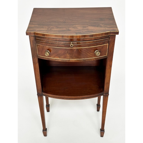 378 - BOWFRONT LAMP TABLES, a pair, George III design figured mahogany and boxwood lined each with slide, ... 