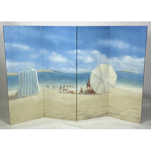46 - LINCOLN SELIGMAN (British b.1950), four fold screen 'Beach scene', oil on board, 160cm x 120cm H. (S... 