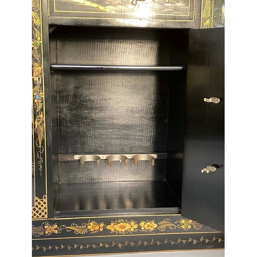 386 - ART DECO CHINOISERIE DISPLAY CABINET, 1920s lacquered and gilt decorated with fold-down fitted writi... 