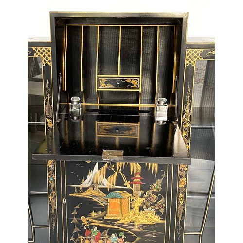 386 - ART DECO CHINOISERIE DISPLAY CABINET, 1920s lacquered and gilt decorated with fold-down fitted writi... 