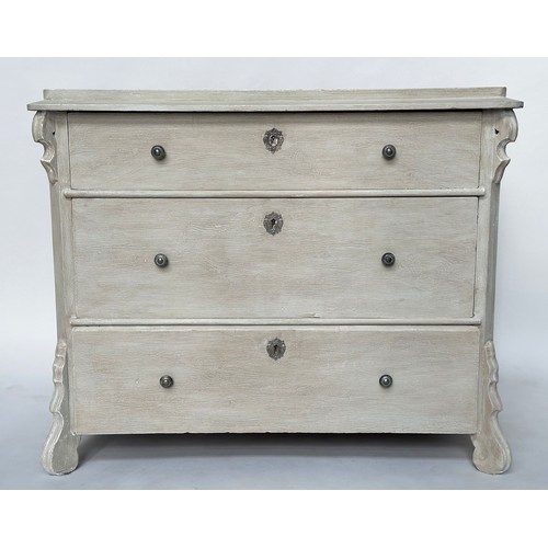 252 - COMMODE, 19th century French Napoleon III traditionally grey painted with three long drawers, 106cm ... 