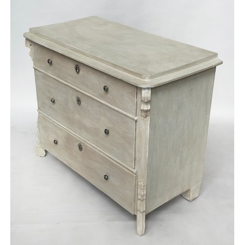 252 - COMMODE, 19th century French Napoleon III traditionally grey painted with three long drawers, 106cm ... 