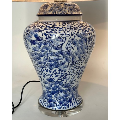 257 - TABLE LAMPS, a pair large Chinese blue and white ceramic of lidded vase form with lucite bases and s... 