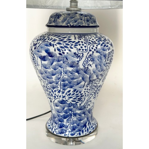 257 - TABLE LAMPS, a pair large Chinese blue and white ceramic of lidded vase form with lucite bases and s... 