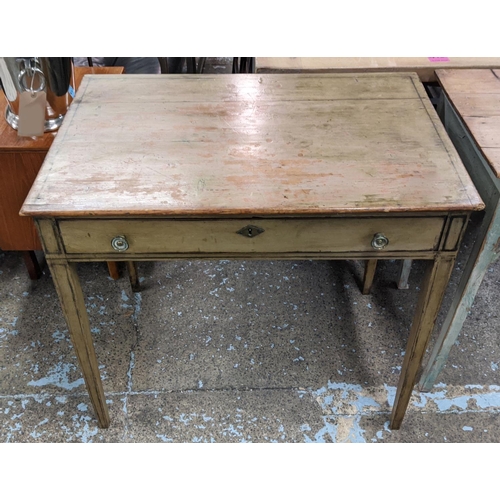 372 - WRITING TABLE, 19th century pine, with a distressed and worn painted finish with a single frieze dra... 