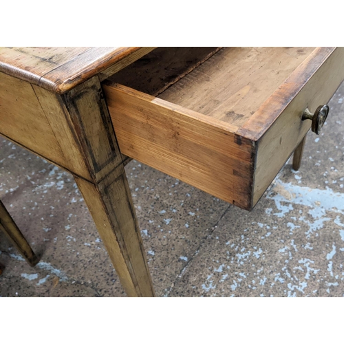 372 - WRITING TABLE, 19th century pine, with a distressed and worn painted finish with a single frieze dra... 