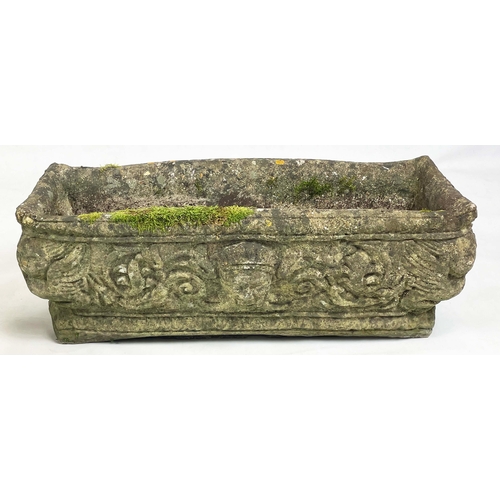 35 - PLANTERS, a pair of canted oblong form model with Fleur de Lys, cherubs and centred by a mask.
H 24c... 