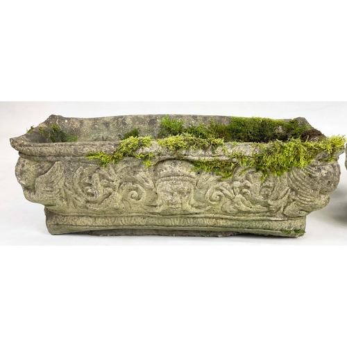 35 - PLANTERS, a pair of canted oblong form model with Fleur de Lys, cherubs and centred by a mask.
H 24c... 