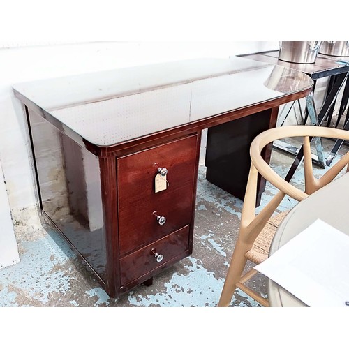 360 - DESK, Art Deco style, mahogany, glass top, door enclosing drawers, with drawer below kneehole space,... 