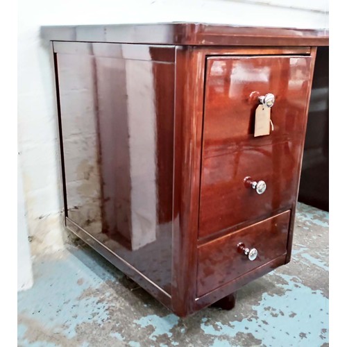 360 - DESK, Art Deco style, mahogany, glass top, door enclosing drawers, with drawer below kneehole space,... 