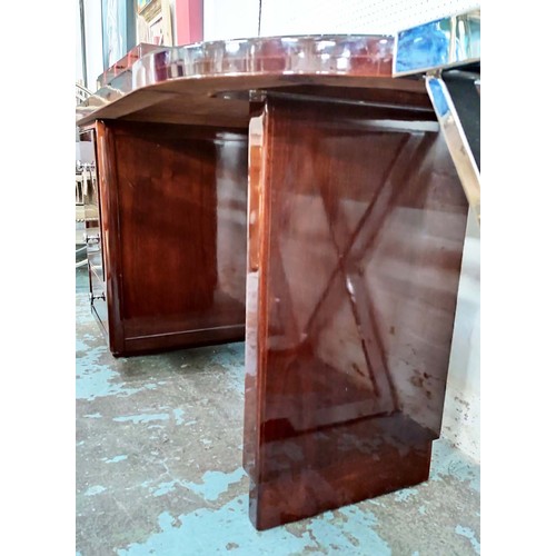 360 - DESK, Art Deco style, mahogany, glass top, door enclosing drawers, with drawer below kneehole space,... 