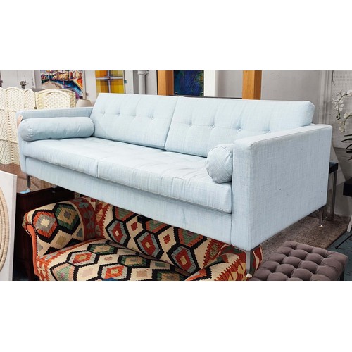 642 - FOGIA ALEX SOFA,230cm W x 91cm D, in light blue fabric with a buttoned back and metal supports.