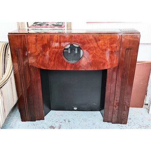 358 - FIRE SURROUND, Art Deco style, flame mahogany, with slide glass, doors to centre, fluted sides, 108c... 