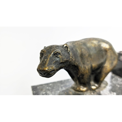 49 - POLAR BEAR INKWELL STAND, bronze on grey and white variagated marble, 24cm L x 16cm H x 10cm W.