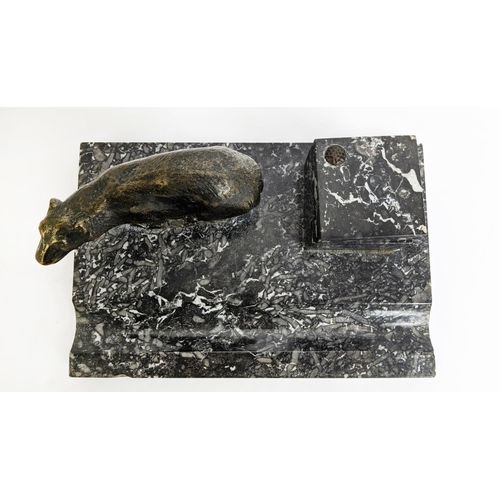 49 - POLAR BEAR INKWELL STAND, bronze on grey and white variagated marble, 24cm L x 16cm H x 10cm W.