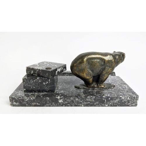 49 - POLAR BEAR INKWELL STAND, bronze on grey and white variagated marble, 24cm L x 16cm H x 10cm W.
