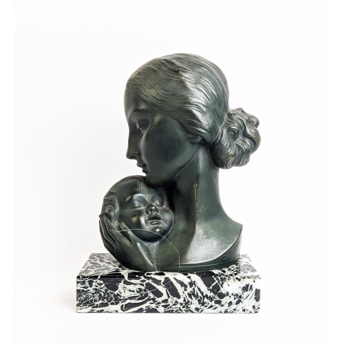 50 - S. MELANI, ART DECO BRONZE, mother and child on a variagated marble base, 32cm H x 21cm W x 19cm D.