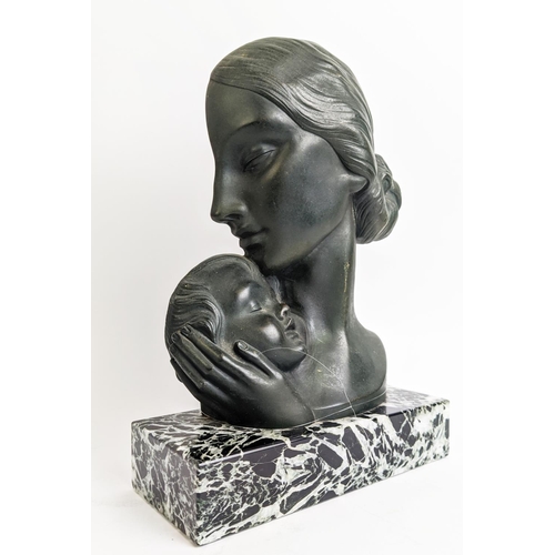50 - S. MELANI, ART DECO BRONZE, mother and child on a variagated marble base, 32cm H x 21cm W x 19cm D.