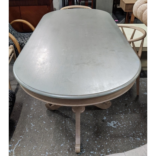 301 - OKA DINING TABLE, 100cm D x 78cm H x 240cm L, twin pedestal supports.