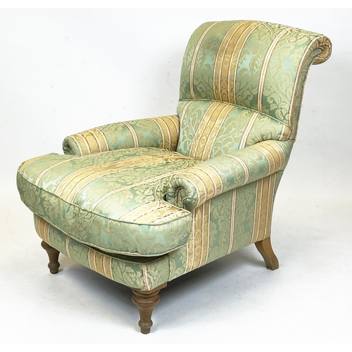 212 - HOWARD STYLE ARMCHAIR, silk damask upholstered with turned front supports, 91cm H x 78cm.