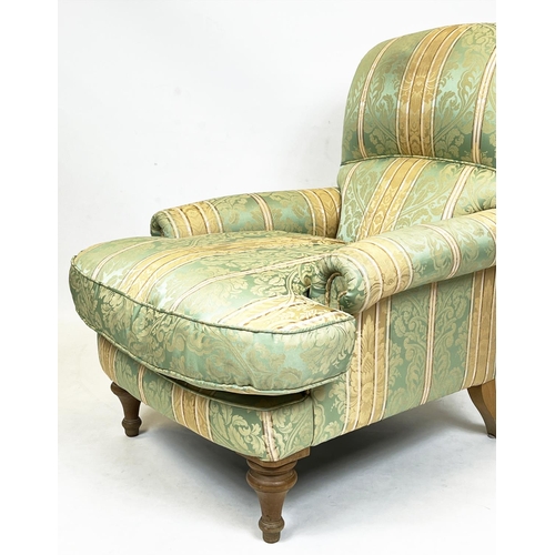 212 - HOWARD STYLE ARMCHAIR, silk damask upholstered with turned front supports, 91cm H x 78cm.