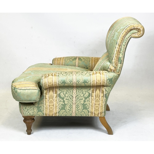 212 - HOWARD STYLE ARMCHAIR, silk damask upholstered with turned front supports, 91cm H x 78cm.