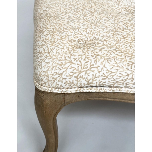 250 - CENTRE STOOL, large Louis XV style bleached oak with buttoned seaweed print upholstery, 145cm x 105c... 