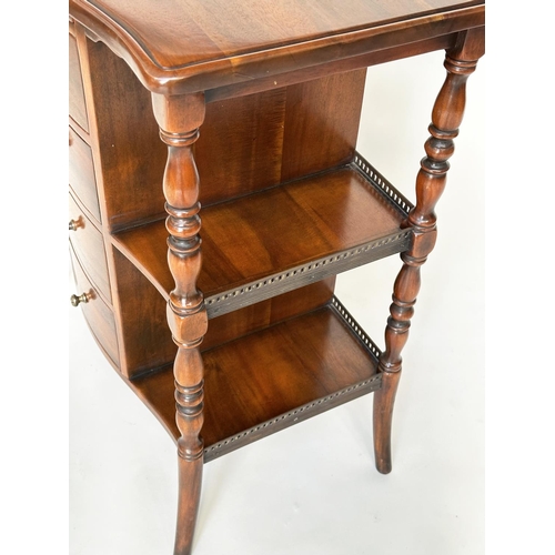 251 - THEODORE ALEXANDER LAMP TABLE, figural walnut of bow front form with slide, drawers and shelves, 76c... 