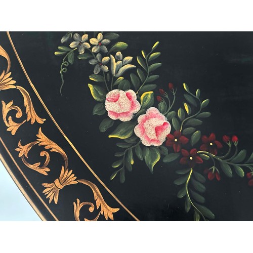 240 - CONSOLE TABLE, demi lune black lacquered and gilt decorated with polychrome top and fluted tapering ... 