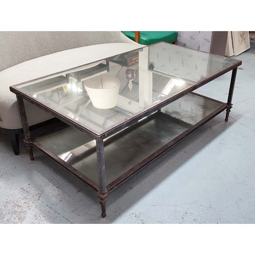 644 - LOW TABLE, with an antiqued mirrored top and undertier on a substantial metal frame, 50cm H x 71cm D... 