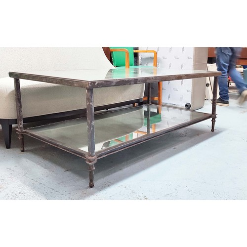 644 - LOW TABLE, with an antiqued mirrored top and undertier on a substantial metal frame, 50cm H x 71cm D... 