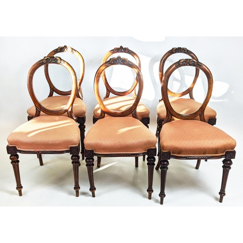 219 - DINING CHAIRS, a set of six, each 93cm H x 47cm W, Victorian walnut having hoop backs with carved de... 