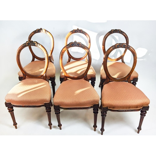 219 - DINING CHAIRS, a set of six, each 93cm H x 47cm W, Victorian walnut having hoop backs with carved de... 