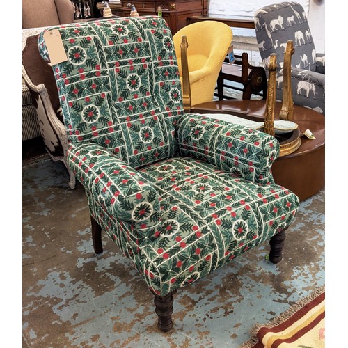 217 - HIGH BACK SCROLL ARMCHAIR, in a green woven foliate fabric, 80cm W.