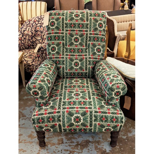 217 - HIGH BACK SCROLL ARMCHAIR, in a green woven foliate fabric, 80cm W.