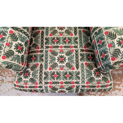 217 - HIGH BACK SCROLL ARMCHAIR, in a green woven foliate fabric, 80cm W.