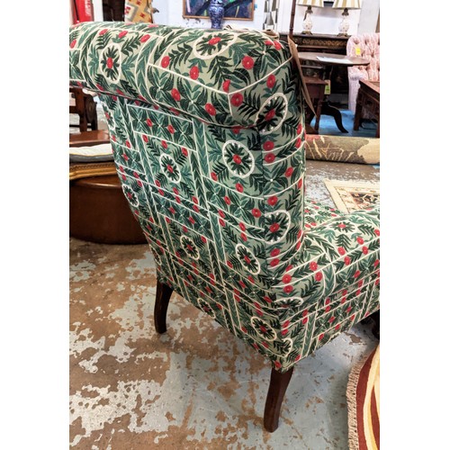 217 - HIGH BACK SCROLL ARMCHAIR, in a green woven foliate fabric, 80cm W.