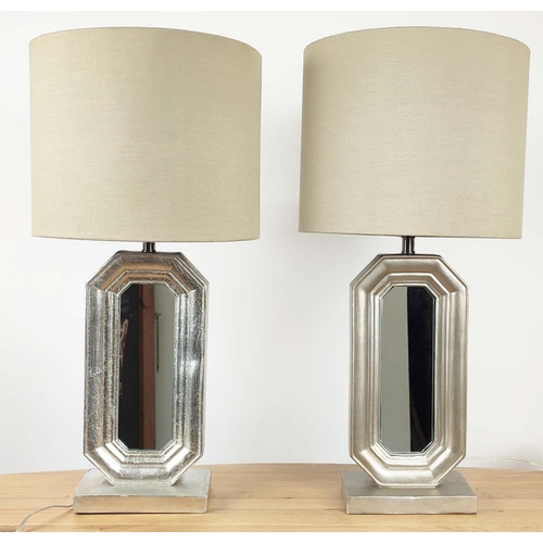 446 - TABLE LAMPS, a pair, silvered with mirror panel detail, with shades, 68.5cm H. (2)