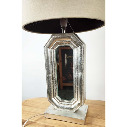 446 - TABLE LAMPS, a pair, silvered with mirror panel detail, with shades, 68.5cm H. (2)