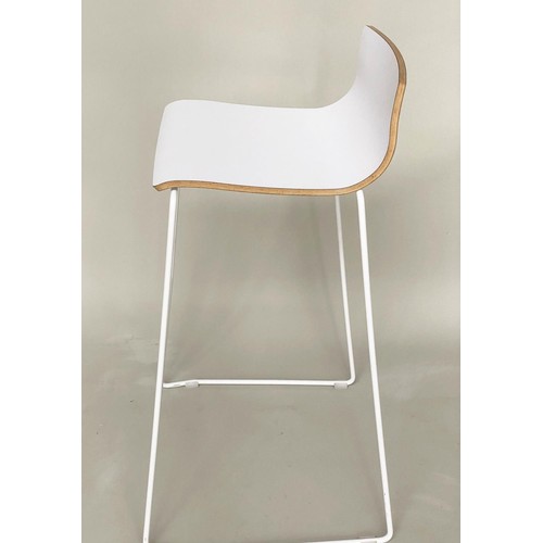 464 - BAR STOOLS, a pair white laminated plywood on chrome support with footrest, 90cm high, 38cm wide, 38... 