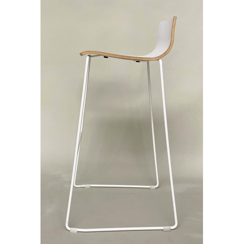 464 - BAR STOOLS, a pair white laminated plywood on chrome support with footrest, 90cm high, 38cm wide, 38... 